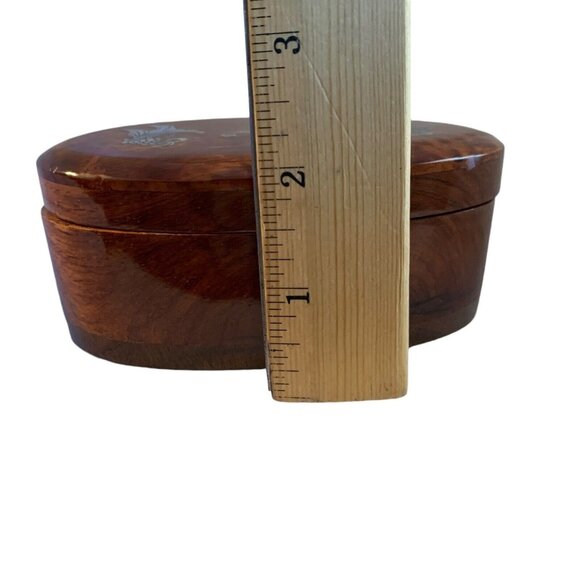 Vintage Mother of Pearl Fish Hinged Oval Brown Wooden Jewelry Trinket Box - Picture 6 of 6